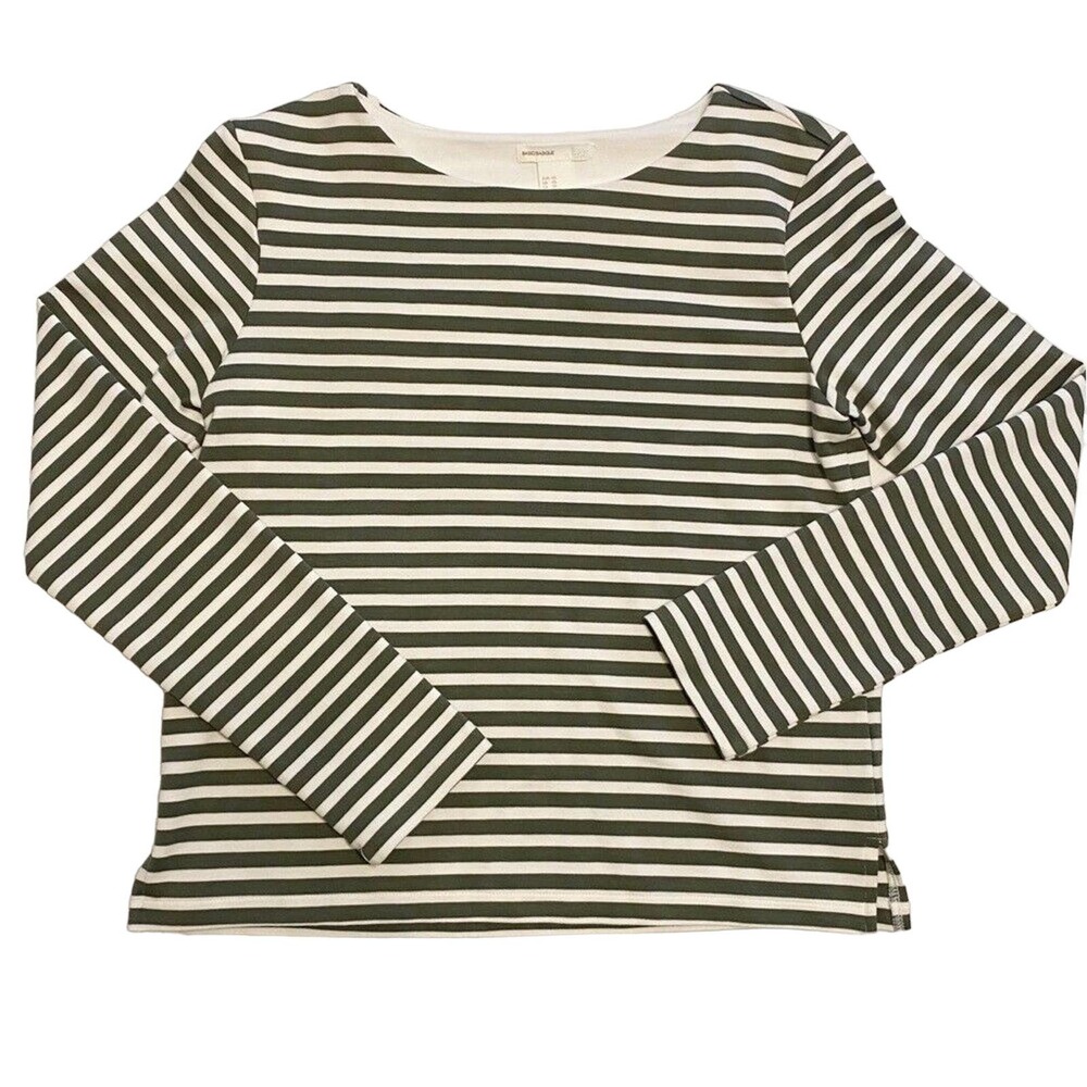 H&M Women's XS Ponte Knit Green White Stripe Long Sleeve Shirt Viscose Blend